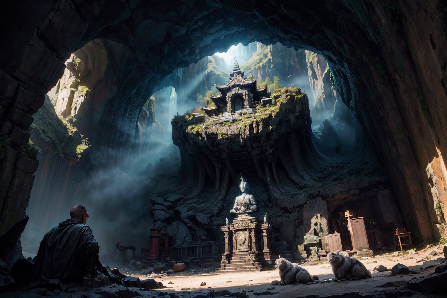 best quality, masterpiece, beautiful and aesthetic, 16K, (HDR:1.4),  cinematic lighting, ambient lighting, warm light, sidelighting, Exquisite details and textures, cinematic shot,  fantasy landscape, temple inside a large cave, a buddhist statue in the background ,perfect