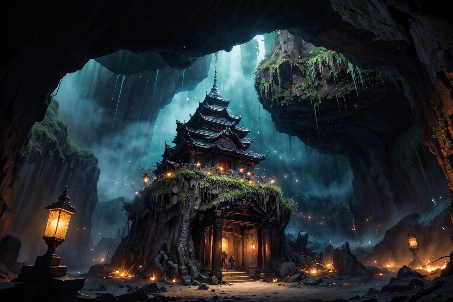 best quality, masterpiece, beautiful and aesthetic, 16K, (HDR:1.4),  cinematic lighting, ambient lighting, warm light, sidelighting, Exquisite details and textures, cinematic shot,  fantasy landscape, temple inside a large cave, a buddhist statue in the background , fireflies,perfect