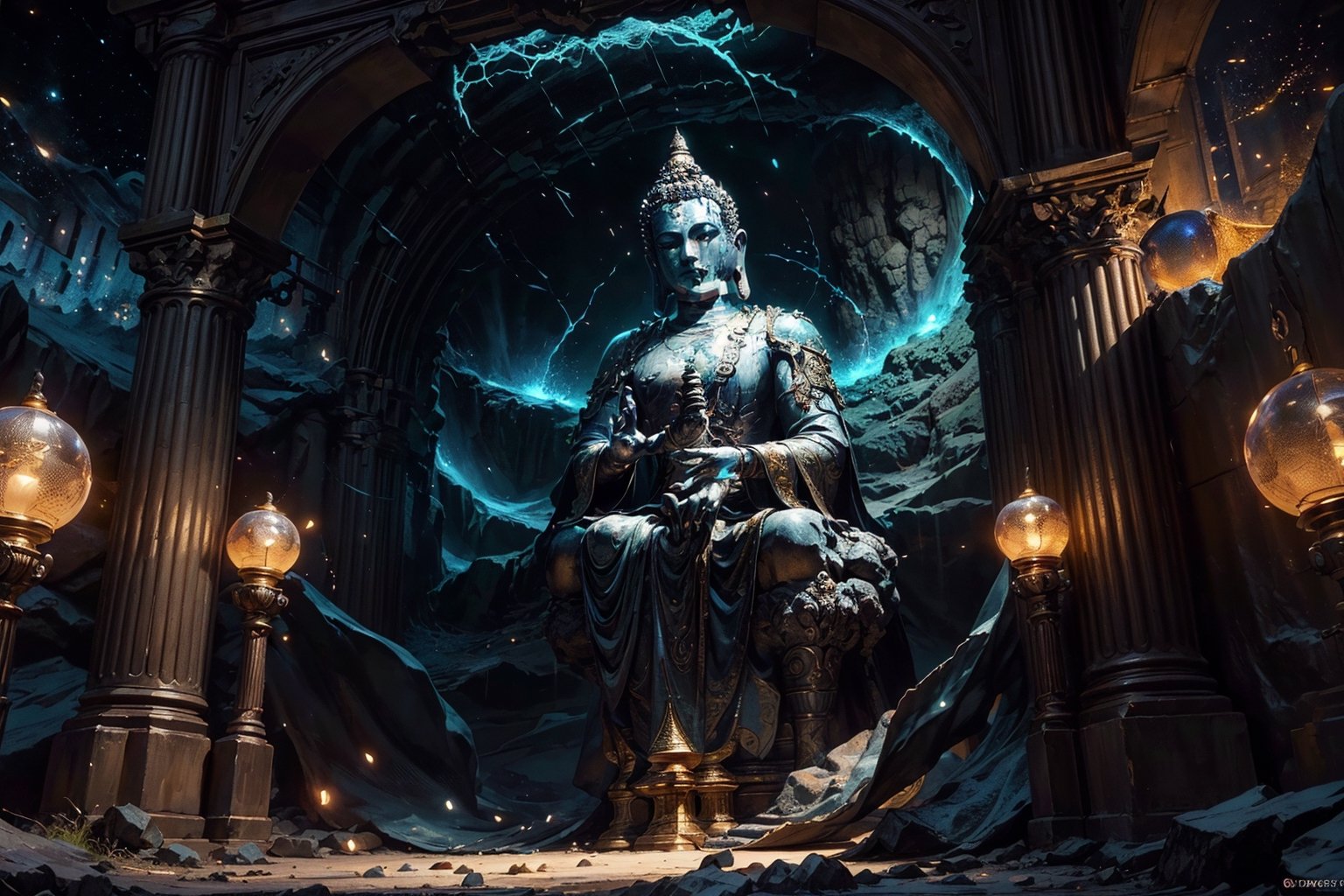 best quality, masterpiece, beautiful and aesthetic, 16K, (HDR:1.4),  cinematic lighting, ambient lighting, sidelighting, Exquisite details and textures, cinematic shot,  fantasy landscape, temple inside a large cave, a buddhist statue with three faces in the background ,fireflies