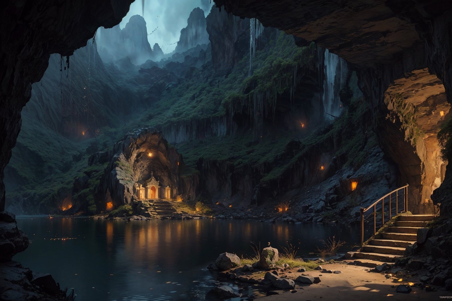 best quality, masterpiece, beautiful and aesthetic, 16K, (HDR:1.4),  cinematic lighting, ambient lighting, sidelighting, Exquisite details and textures, cinematic shot,  fantasy landscape, very large cave, forgotten temple in very large cave, a large buddhist statue in the back, staute in the background ,fireflies, lake in cave, fireflies