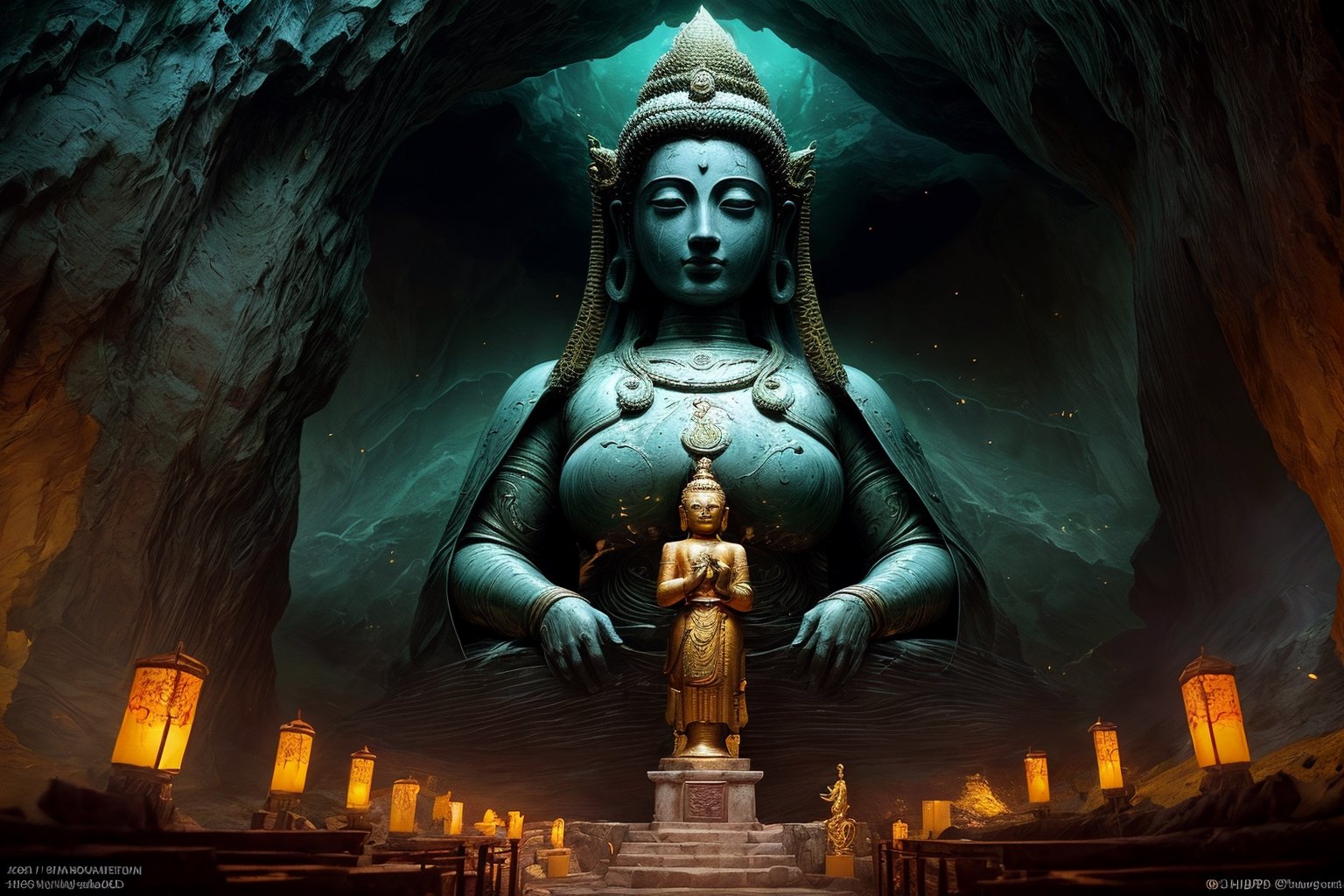 best quality, masterpiece, beautiful and aesthetic, 16K, (HDR:1.4),  cinematic lighting, ambient lighting, warm light, sidelighting, Exquisite details and textures, cinematic shot,  fantasy landscape, temple inside a large cave, a buddhist statue with three faces in the background , one face in the front, on face to the right, one face to the left, fireflies,perfect