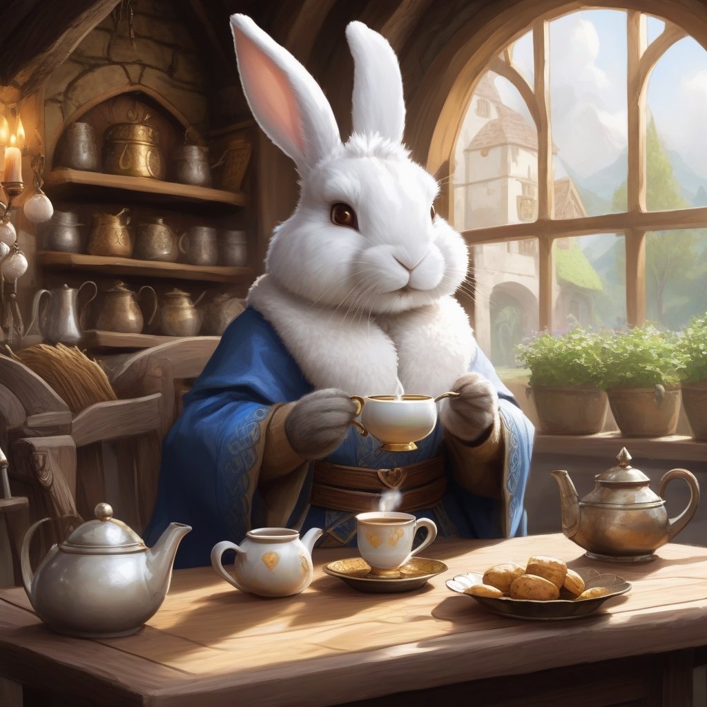 Rabbit Every Monday, in magic the gathering art style, making tea in medival tea shop, white fur very friendly