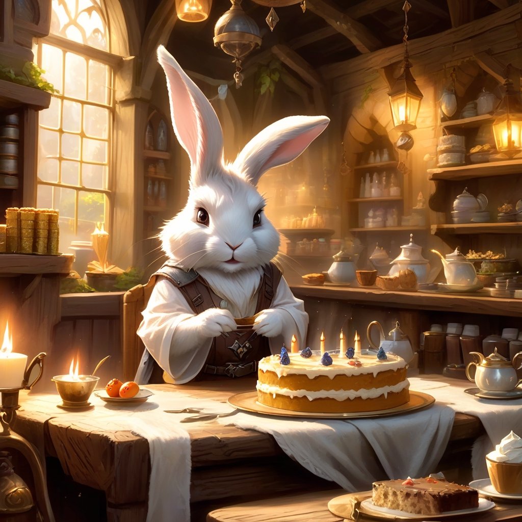 (masterpiece), Rabbit Every Monday, in magic the gathering art style, whitish fur, makes birthday cake in medival tea shop, very friendly, fluffy, medival setting