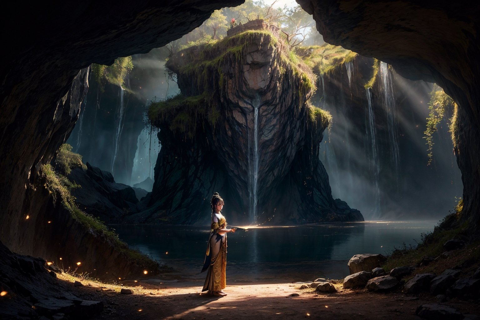 best quality, masterpiece, beautiful and aesthetic, 16K, (HDR:1.4),  cinematic lighting, ambient lighting, warm light, sidelighting, Exquisite details and textures, cinematic shot,  fantasy landscape, temple inside a large cave, a beautiful girl, a buddhist statue in the background, fireflies,perfect,hand