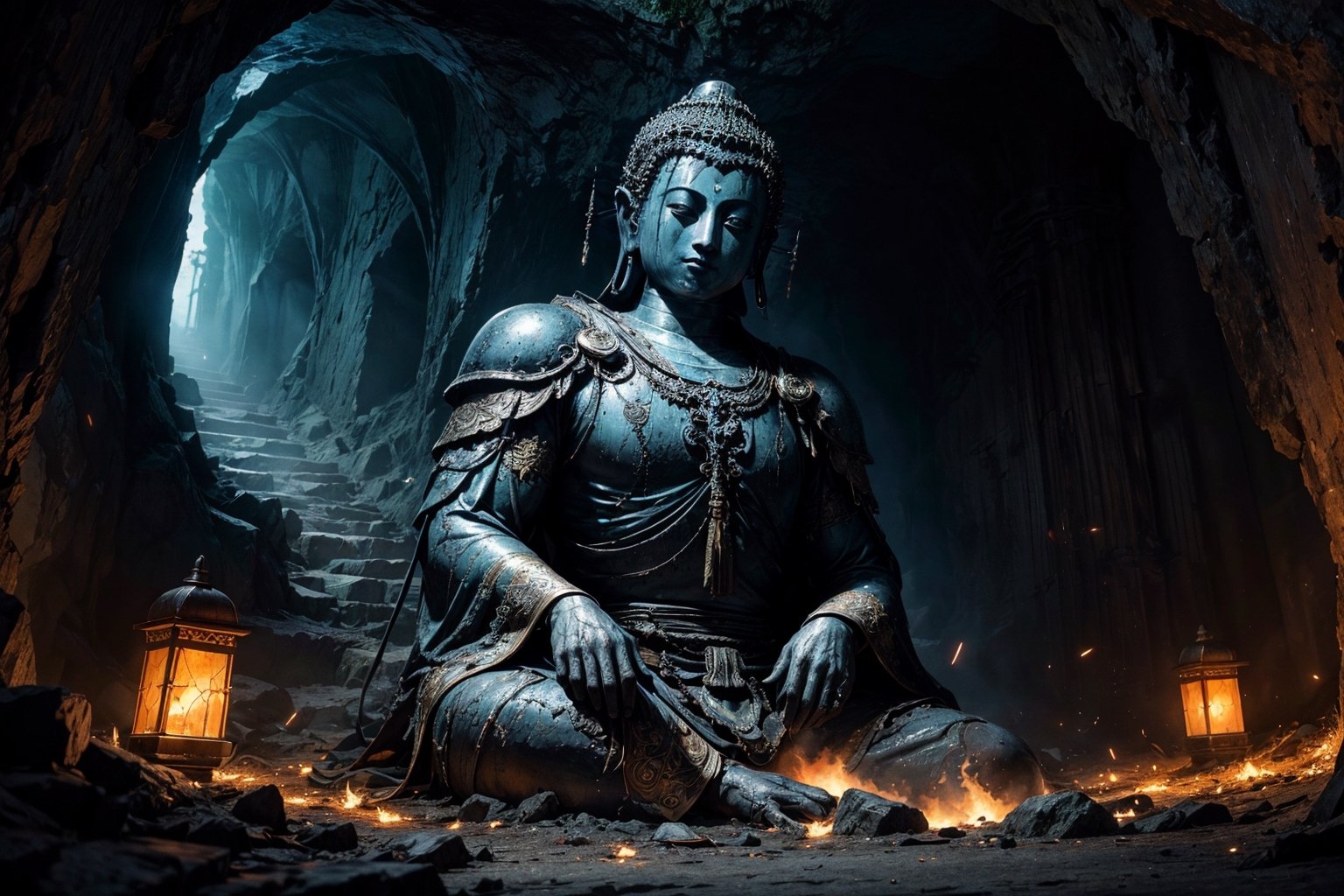 best quality, masterpiece, beautiful and aesthetic, 16K, (HDR:1.4),  cinematic lighting, ambient lighting, warm light, sidelighting, Exquisite details and textures, cinematic shot,  fantasy landscape, temple inside a large cave, a buddhist statue with one head in the background, the head with three faces, one face in the front, on face to the right, one face to the left, fireflies,perfect