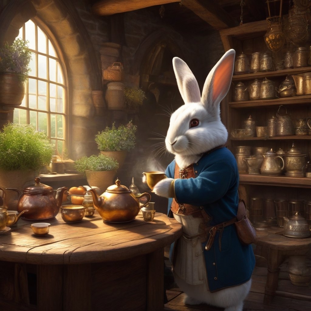 Rabbit Every Monday, in magic art style, makes tea in medival tea shop, very friendly, fluffy