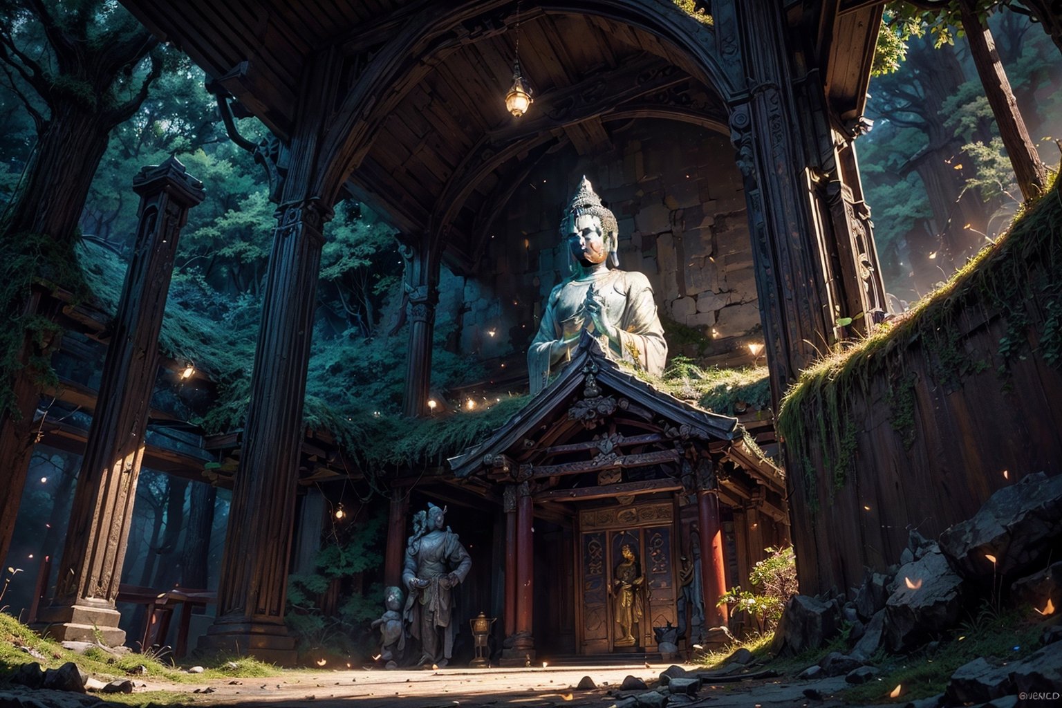 best quality, masterpiece, beautiful and aesthetic, 16K, (HDR:1.4),  cinematic lighting, ambient lighting, sidelighting, Exquisite details and textures, cinematic shot,  fantasy landscape, temple in a a large cave, a white buddhist statue with three faces in the background ,fireflies, moss