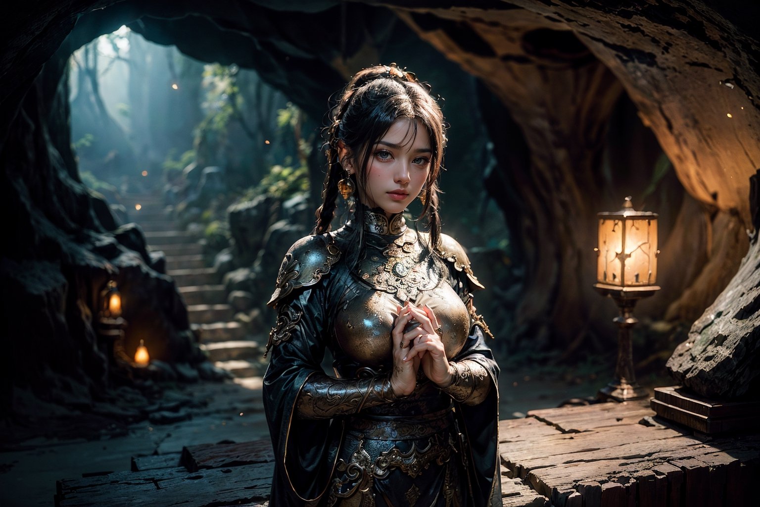 best quality, masterpiece, beautiful and aesthetic, 16K, (HDR:1.4),  cinematic lighting, ambient lighting, warm light, sidelighting, Exquisite details and textures, cinematic shot,  fantasy landscape, temple inside a large cave, a buddhist statue with compassion face, three faces in the background , one face  fireflies,perfect,hand, perfect hands