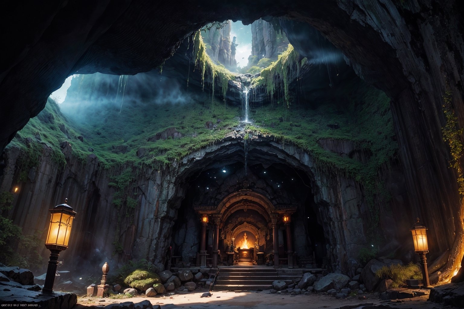 best quality, masterpiece, beautiful and aesthetic, 16K, (HDR:1.4),  cinematic lighting, ambient lighting, warm light, sidelighting, Exquisite details and textures, cinematic shot,  fantasy landscape, temple inside a large cave, a buddhist statue with three faces in the background , one face in the front, on face to the right, one face to the left, fireflies,perfect, large cave