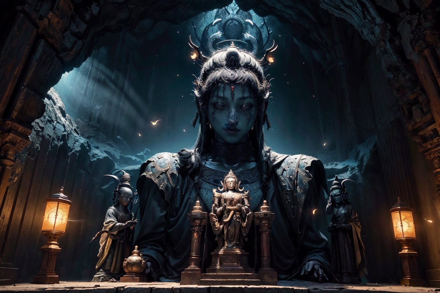 best quality, masterpiece, beautiful and aesthetic, 16K, (HDR:1.4),  cinematic lighting, ambient lighting, warm light, sidelighting, Exquisite details and textures, cinematic shot,  fantasy landscape, temple inside a large cave, a buddhist statue with three faces in the background , one face in the front, on face to the right, one face to the left, fireflies,perfect