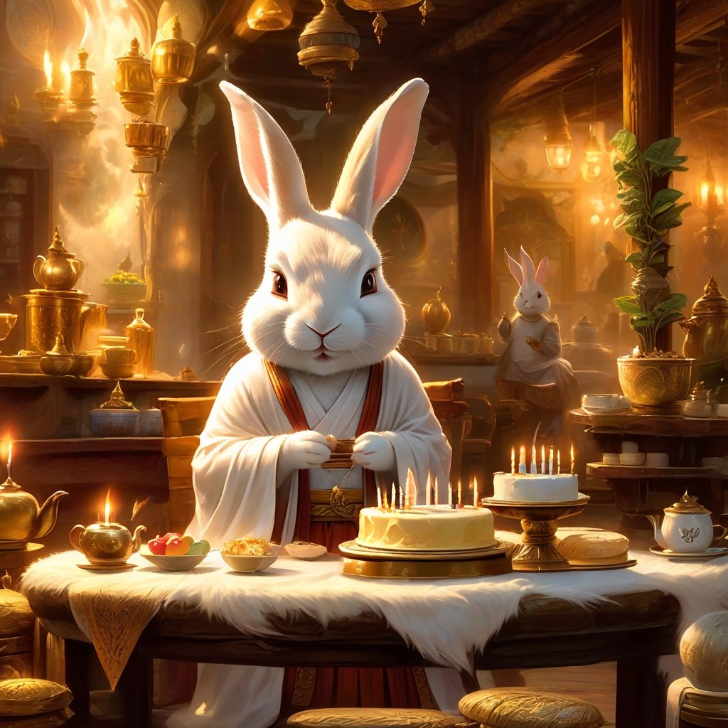 (masterpiece), Rabbit Every Monday, slim, in magic the gathering art style, whitish fur, makes birthday cake in medival tea shop, very friendly, fluffy, medival setting, on wall Buddha image, Buddha statue