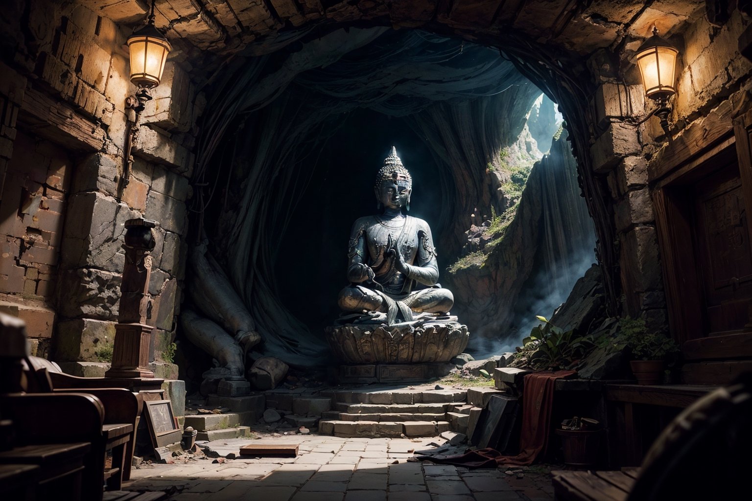 best quality, masterpiece, beautiful and aesthetic, 16K, (HDR:1.4),  cinematic lighting, ambient lighting, sidelighting, Exquisite details and textures, cinematic shot,  fantasy landscape, temple inside a large cave, a buddhist statue in the background 