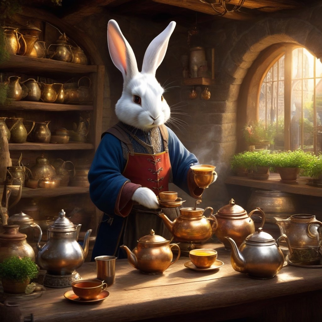 Rabbit Every Monday, in magic art style, makes tea in medival tea shop, very friendly, fluffy