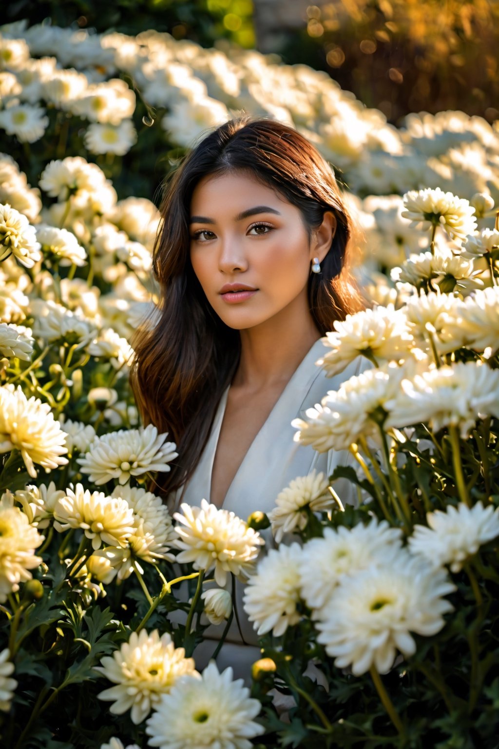 Captured through the meticulous lens of a Canon EOS 5D Mark IV, this photograph embodies the serene beauty of a young woman beside a field of white chrysanthemums. Utilizing a 50mm f/1.8 lens, the image is bathed in the soft, natural light of the golden hour, enhancing the ethereal atmosphere. The composition is thoughtfully arranged, with the subject positioned slightly off-center, allowing the vast, vibrant field of flowers to envelop her, creating a harmonious balance between human and nature. Shot from a low angle, the perspective elevates the woman, giving a sense of unity and prominence amidst the delicate blooms. The color palette is dominated by the pure whites of the chrysanthemums, contrasted against the subtle greens of their stems, and the warm tones of the subject's attire, creating a soothing, yet captivating visual experience.