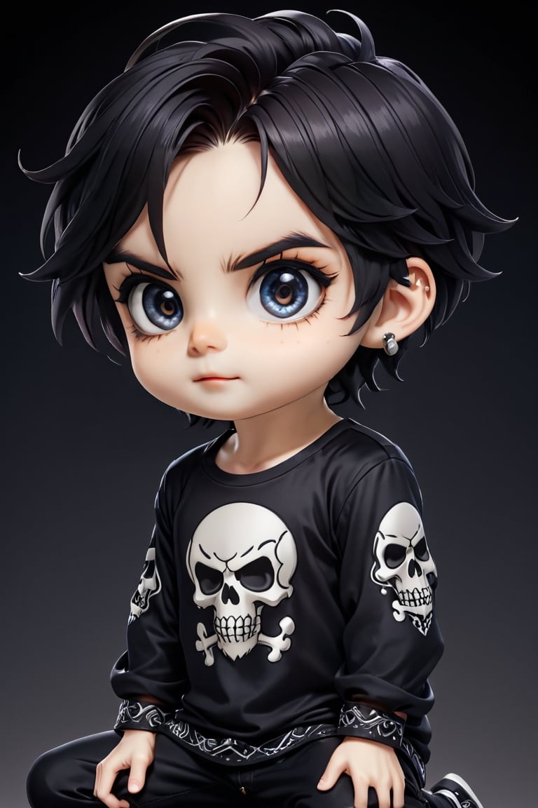 {{{masterpiece}}}, {{{best quality}}}, {{ultra-detailed}}, {beautiful detailed eyes}, 1boy, Ink hair, very long dark hair, Ink eyes, confused, squatting, stratosphere, upper body, Embroidered skull shirt,chibi emote style,chibi,emote