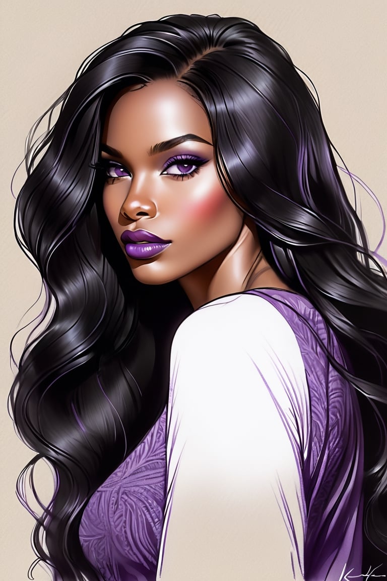 pencil Sketch of a beautiful african woman 30 years , elegant,  top model long  hair, black hair, small eyes ,  alluring, portrait by Igor Kazarin, ink drawing, illustrative art, soft lighting, detailed, more Flowing rhythm, super elegant, low contrast, add soft blur with thin line, full  red lips, purple eyes ,  little neus,  purple blouse 