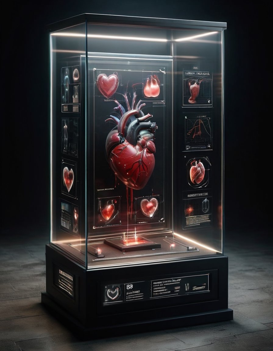 display case for a real humanheart, black color, smoke around, blood on the floor