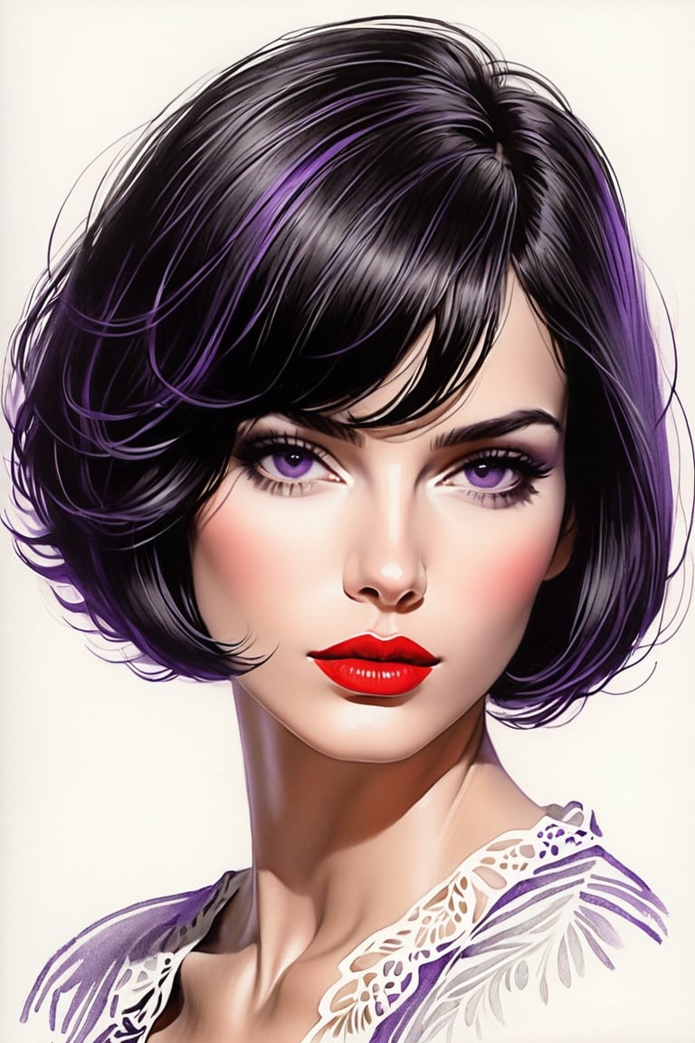 pencil Sketch of a beautiful  spanish woman 30 years , elegant,  top model
short  hair ,  bob cut hair, black hair, small eyes ,  alluring, portrait by Igor Kazarin, ink drawing, illustrative art, soft lighting, detailed, more Flowing rhythm, super elegant, low contrast, add soft blur with thin line, full  red lips, purple eyes ,  little neus,   purple blouse  .