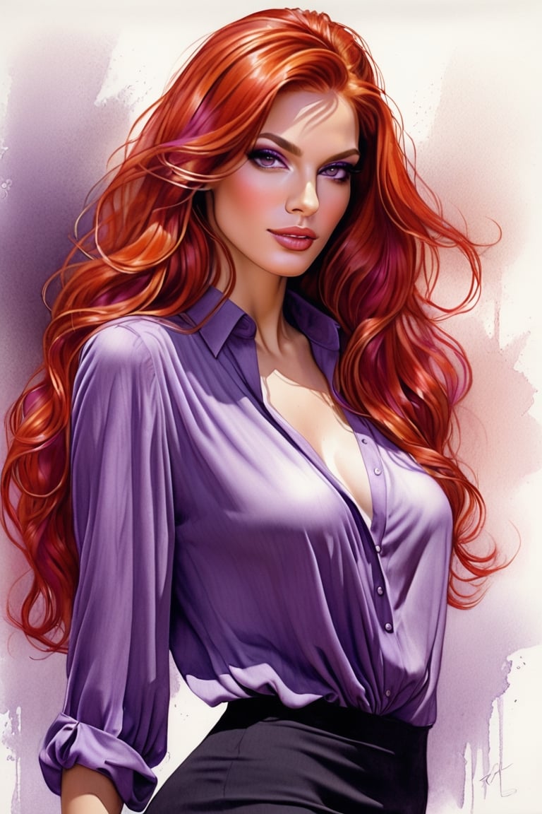 pencil Sketch of a beautiful latin woman 30 years , elegant,  top model long  hair, red hair, small eyes ,  alluring, portrait by Igor Kazarin, ink drawing, illustrative art, soft lighting, detailed, more Flowing rhythm, super elegant, low contrast, add soft blur with thin line, full  red lips, purple eyes ,  little neus,  purple blouse 