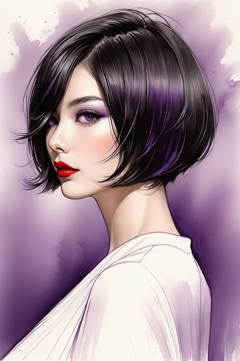 pencil Sketch of a beautiful  japanese woman 30 years , elegant,  top model
short  hair ,  bob cut hair, black hair, small eyes ,  alluring, portrait by Igor Kazarin, ink drawing, illustrative art, soft lighting, detailed, more Flowing rhythm, super elegant, low contrast, add soft blur with thin line, full  red lips, purple eyes ,  little neus,   purple blouse  .