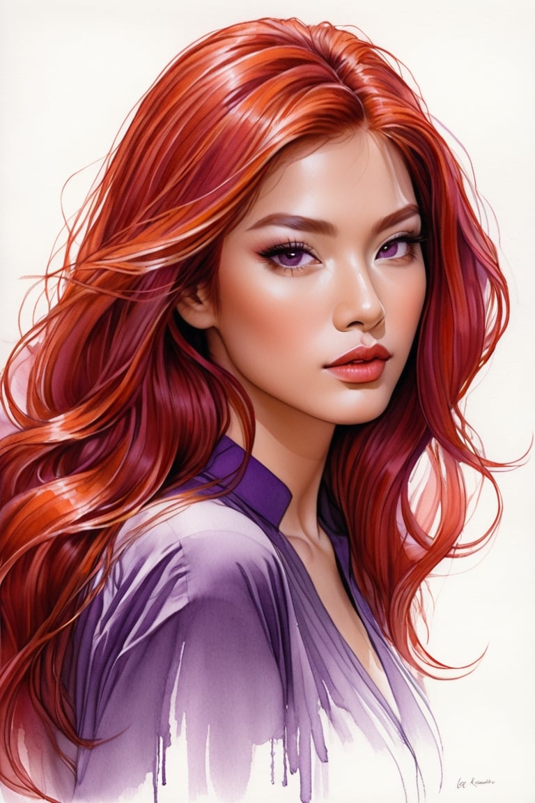 pencil Sketch of a asian latin woman 30 years , elegant,  top model long  hair, red hair, small eyes ,  alluring, portrait by Igor Kazarin, ink drawing, illustrative art, soft lighting, detailed, more Flowing rhythm, super elegant, low contrast, add soft blur with thin line, full  red lips, purple eyes, little neus, purple blouse 