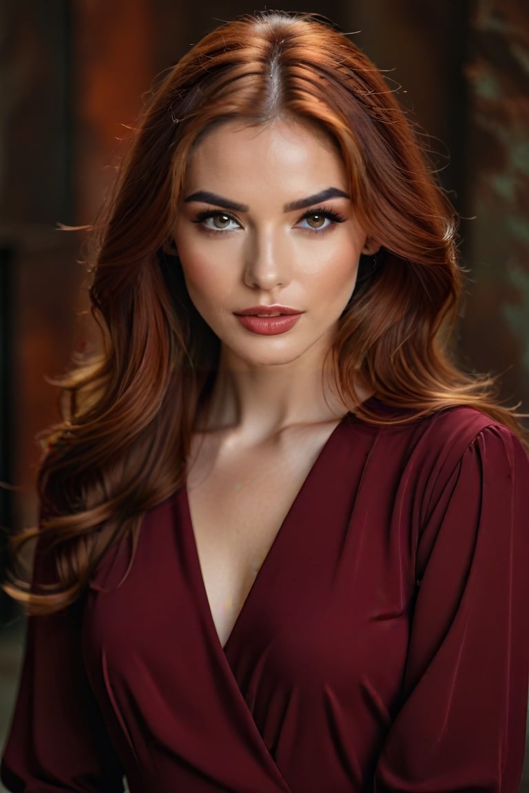 better photography, 1girl, solo, realistic, red long hair green eyes, brown hair, dress, looking at viewer, lips, makeup, lipstick, rust background, parted lips, upper body, red lips,,<lora:659095807385103906:1.0>