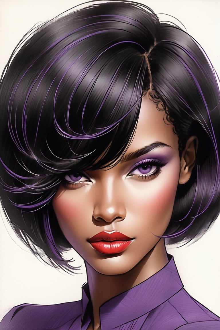 pencil Sketch of a beautiful african woman 30 years , elegant,  top model
short  hair ,  bob cut hair, black hair, small eyes ,  alluring, portrait by Igor Kazarin, ink drawing, illustrative art, soft lighting, detailed, more Flowing rhythm, super elegant, low contrast, add soft blur with thin line, full  red lips, purple eyes ,  little neus,   purple blouse  .