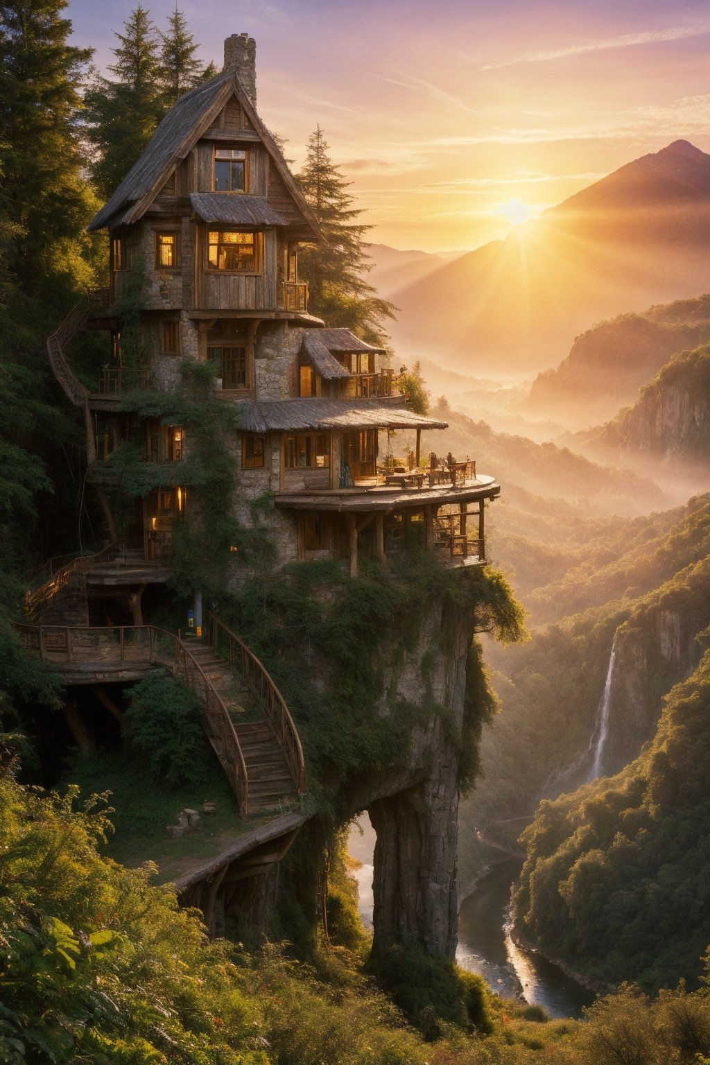 valley, indoor wizard treehouse ,matte painting, highly detailed, dynamic lighting, cinematic, realism, realistic, photo real, sunset, detailed, high contrast, denoised, centered, michael whelan