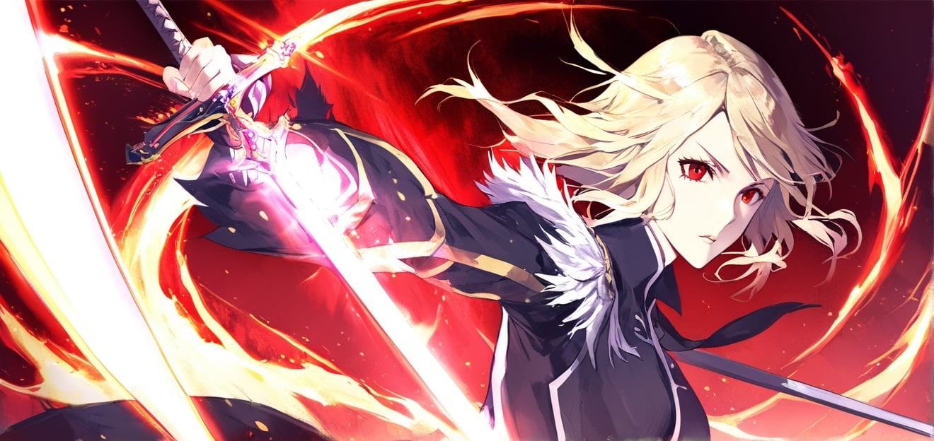 masterpiece, best quality, LegendDarkFantasy, cha hae-in, blonde hair, action_pose, dynamic_pose, red effects, red eyes, dark background, rapier sword, glided hilt, 