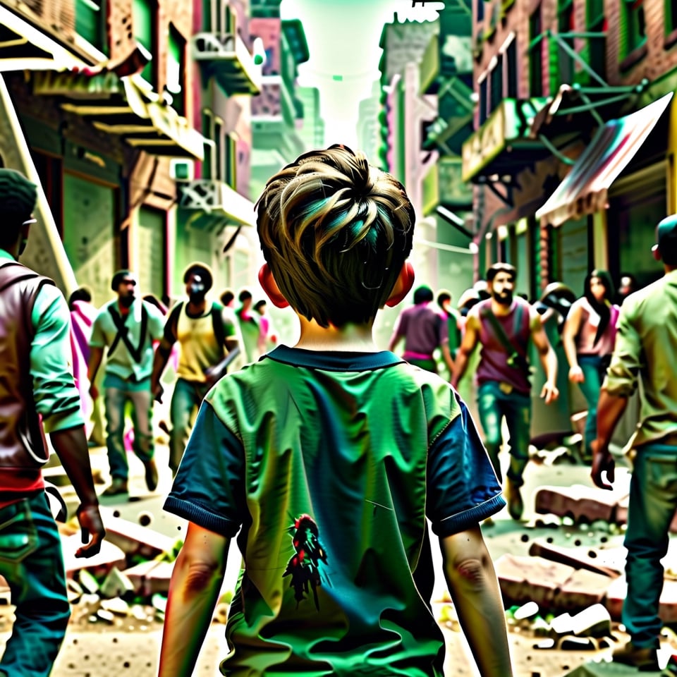 highly detailed, high quality, masterpiece, beautiful, (american shot) 1boy view from the back looking at a horde of zombies coming towards him, (looking forward, in a ruined city)