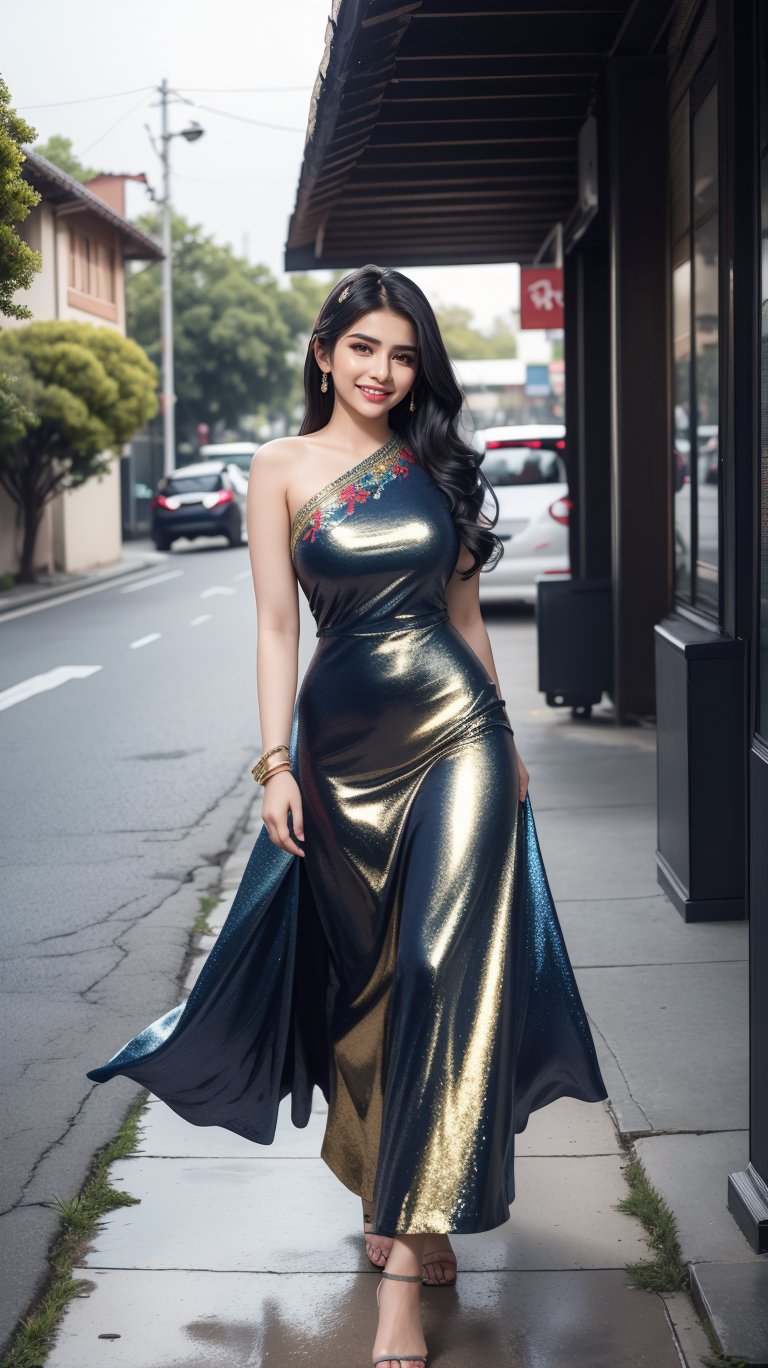 beautiful cute young attractive pakistan teenage girl, village girl, 18 years old, cute,  Instagram model.Confident Smile.Navy Blue Faux Georgette Gown With Metallic Foil And Embroidery. Color_hair, colorful Hollywood waves, dacing, in walk at  my shopping, pakistan