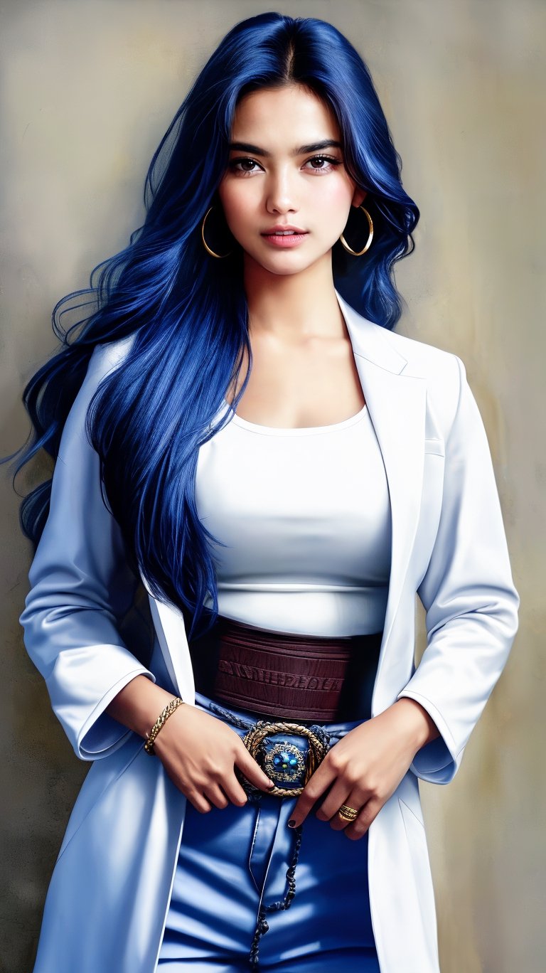 Hyper-realistic portrait of a woman standing confidently against a neutral background, her piercing blue eyes intensely focused on the viewer's gaze. Her long, flowing blue hair cascades over her shoulders like a river of midnight sky, complementing her sleek white jacket with long sleeves and matching pants. A braided belt cinches at her waist, accentuating her curves. Subtle makeup enhances her natural beauty, while matching nail polish adds a touch of elegance. Hoop earrings frame her face, drawing attention to her striking features as she exudes an air of sophistication.