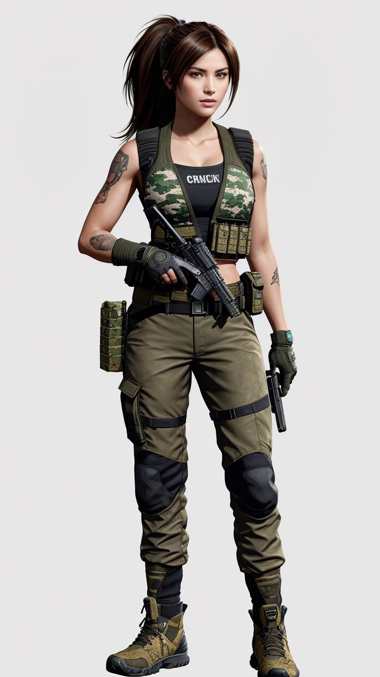 A stunning Cyberpunk masterpiece! A female soldier stands tall, dark brown hair tied high in a ponytail, slight bangs framing her face. Her intense blue eyes, filled with determination, gaze straight ahead. Olive-toned skin and strong jawline define her square face. She wears a lightweight tactical vest with digital camouflage, reinforced pants for mobility, and combat boots with anti-slip features.

Her accessories include a headset, tactical goggles, silenced pistol, multipurpose knife, medical kit, and portable data pad on her right arm's tactical bracelet. Framed by a white background, the composition showcases the subject from front view, side view, and posterior view. Elaborate features and intricate details make this 8K wallpaper-worthy artwork, reminiscent of H.R. Giger and Masamune Shirow's styles.