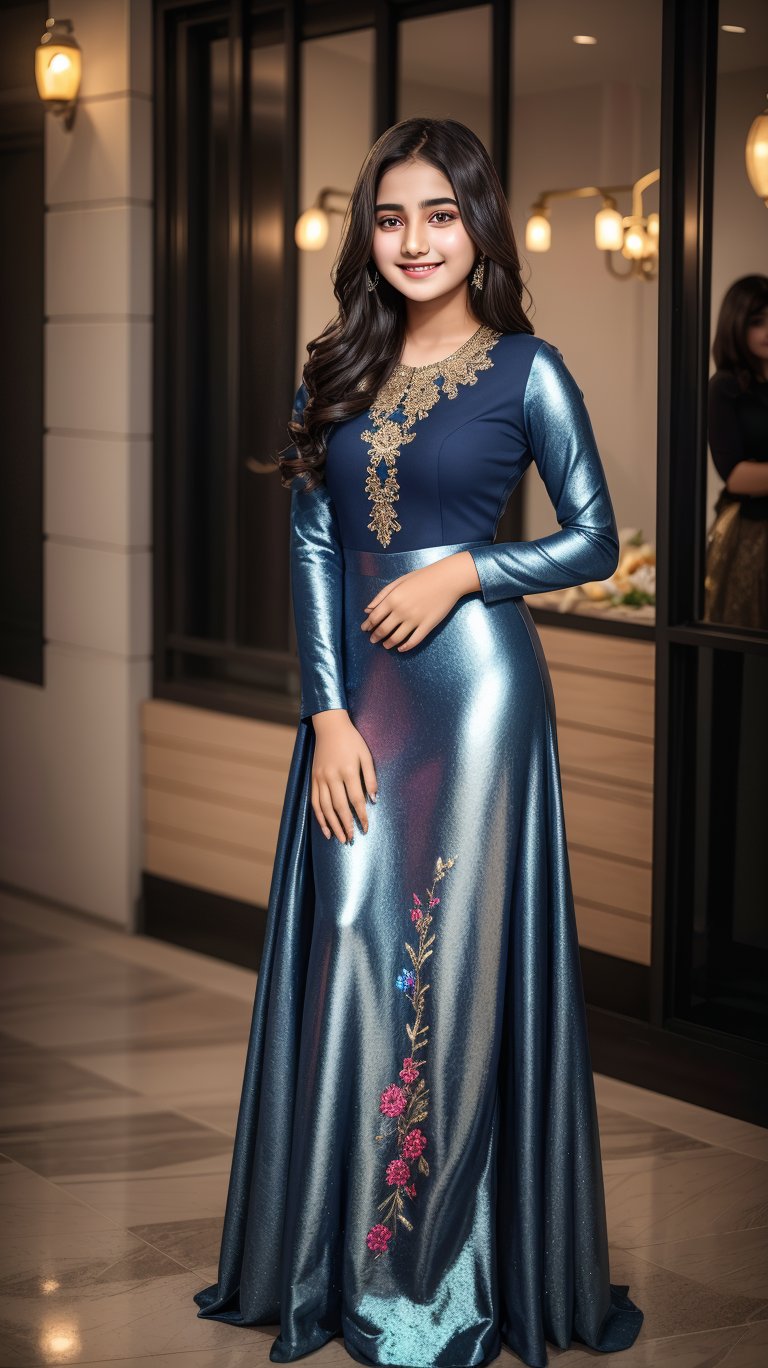 beautiful cute young attractive pakistan teenage girl, village girl, 18 years old, cute,  Instagram model.Confident Smile.Navy Blue Faux Georgette Gown With Metallic Foil And Embroidery. Color_hair, colorful Hollywood waves, dacing, in walk at  my shopping, pakistan