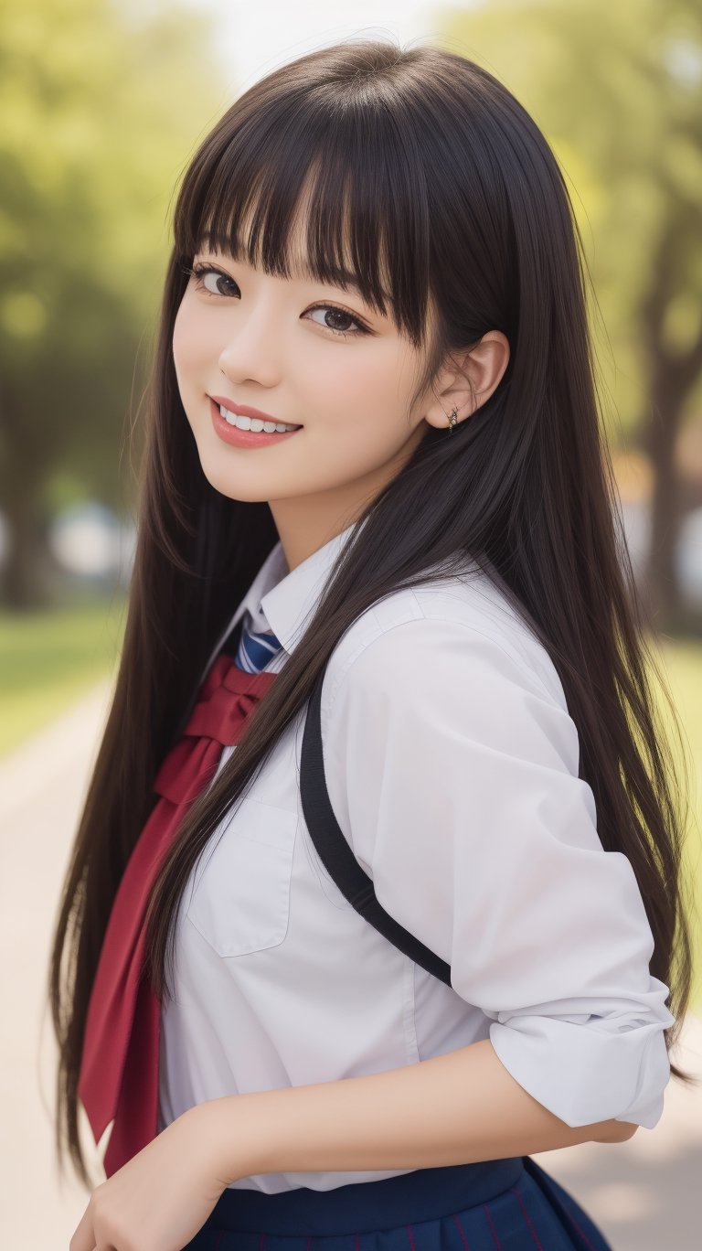 (best quality, masterpiece, ultra detailed, 8K, RAW photo), absuredres, a beautiful student model, long black hair with blunt bangs, school uniform,, parted greasy lips,kind smile,intricate, bliss, joyful, vibrant color,