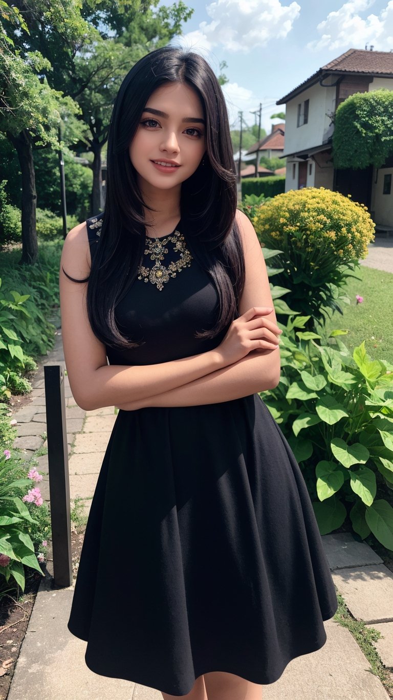 beautiful cute young attractive indian girl, village girl, 20 years old, cute,  Instagram model, long black_hair, colorful hair, smiling, warm, flower garden , blue dress 