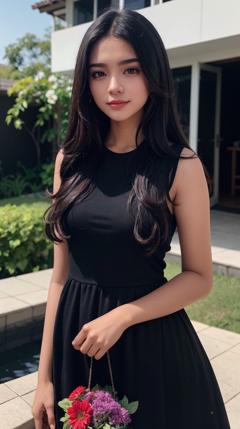 beautiful cute young attractive indian girl, village girl, 20 years old, cute,  Instagram model, long black_hair, colorful hair, smiling, warm, flower garden , blue dress 