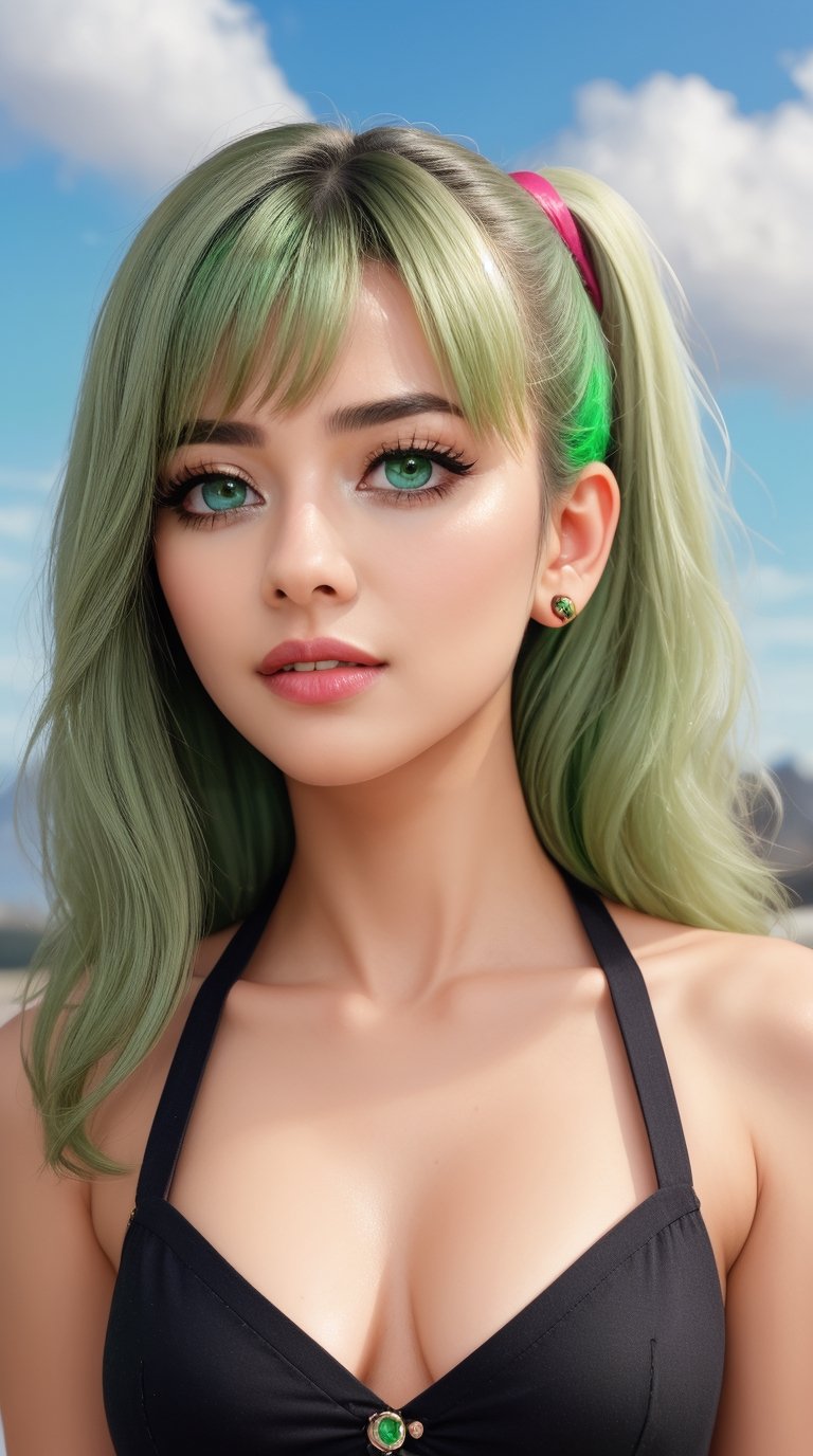 1 girl, Nahida, chibi, white hair, side_ponytail, white thick eyebrows, (green eyes:1.5), beautiful detail eyes, best quality, 2d, cute, cartoon, sky background, best quality, masterpiece, majestic, multicolored_hair, pointy-ears,nahida, one_eye_closed