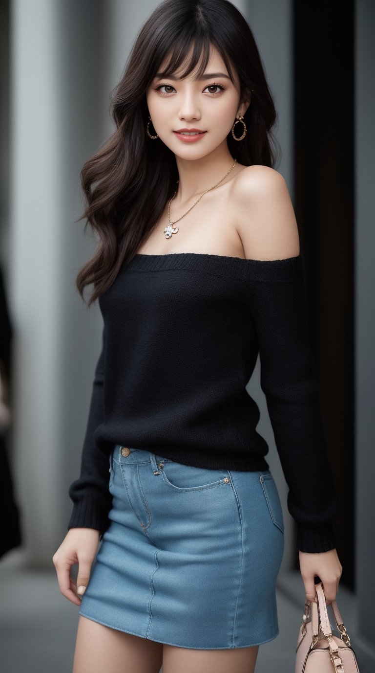 background is Paris,
18 yo, 1 girl, beautiful korean girl,fashion model,
wearing tight sweater,short skirt(chess pattern),shoulder bag(Louis Vuitton),happy laugh,cloth blowing by wind, solo, {beautiful and detailed eyes}, dark eyes, calm expression, delicate facial features, ((model pose)), Glamor body type, (dark hair:1.2), simple tiny earrings, simple tiny necklace,very_long_hair, hair past hip, bangs, curly hair, flim grain, realhands, masterpiece, Best Quality, 16k, photorealistic, ultra-detailed, finely detailed, high resolution, perfect dynamic composition, beautiful detailed eyes, eye smile, ((nervous and embarrassed)), sharp-focus, full_body, cowboy_shot,