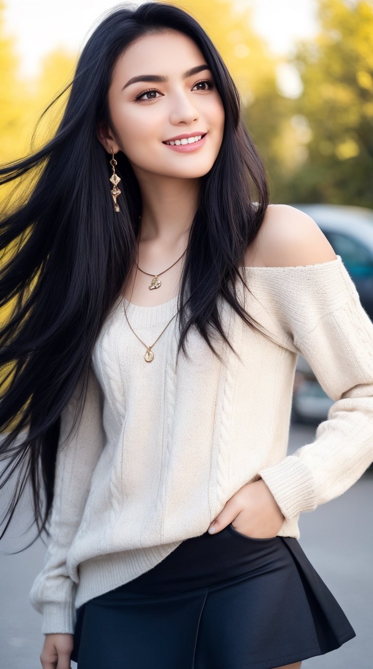 background is Paris,
18 yo, 1 girl, beautiful korean girl,fashion model,
wearing tight sweater,short skirt(chess pattern),shoulder bag(Louis Vuitton),happy laugh,cloth blowing by wind, solo, {beautiful and detailed eyes}, dark eyes, calm expression, delicate facial features, ((model pose)), Glamor body type, (dark hair:1.2), simple tiny earrings, simple tiny necklace,very_long_hair, hair past hip, bangs, curly hair, flim grain, realhands, masterpiece, Best Quality, 16k, photorealistic, ultra-detailed, finely detailed, high resolution, perfect dynamic composition, beautiful detailed eyes, eye smile, ((nervous and embarrassed)), sharp-focus, full_body, cowboy_shot,