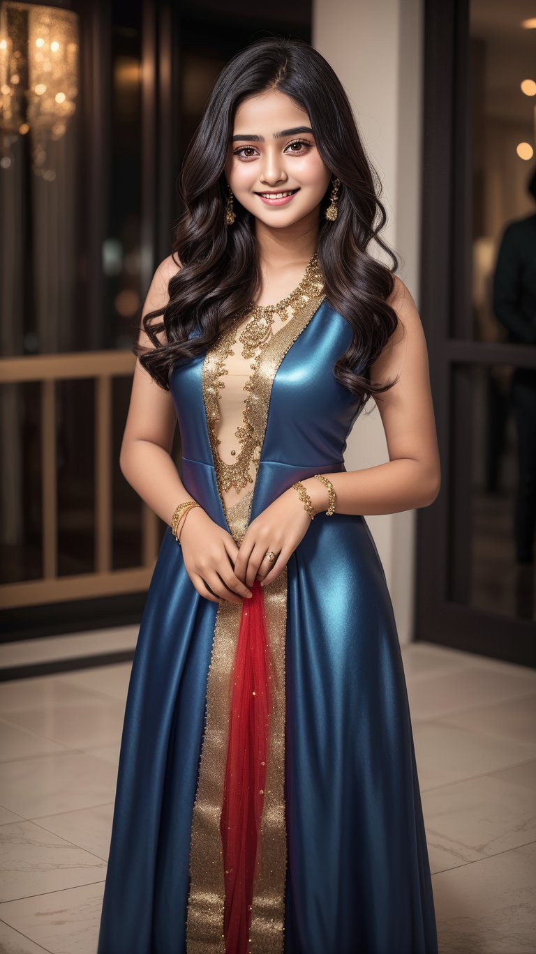 beautiful cute young attractive pakistan teenage girl, village girl, 18 years old, cute,  Instagram model.Confident Smile.Navy Blue Faux Georgette Gown With Metallic Foil And Embroidery. Color_hair, colorful Hollywood waves, dacing, in walk at  my shopping, pakistan