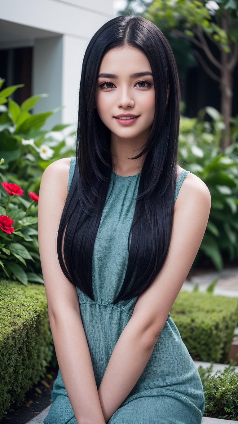 beautiful cute young attractive girl, 20 years old, cute, Instagram model, long black_hair, colorful hair, smiling, warm, flower garden , blue dress 