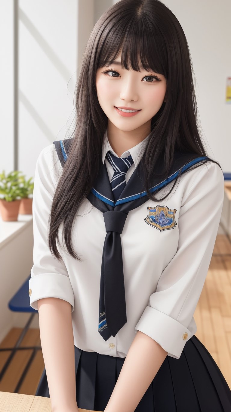 (best quality, masterpiece, ultra detailed, 8K, RAW photo), absuredres, a beautiful student model, long black hair with blunt bangs, school uniform,, parted greasy lips,kind smile,intricate, bliss, joyful, vibrant color,