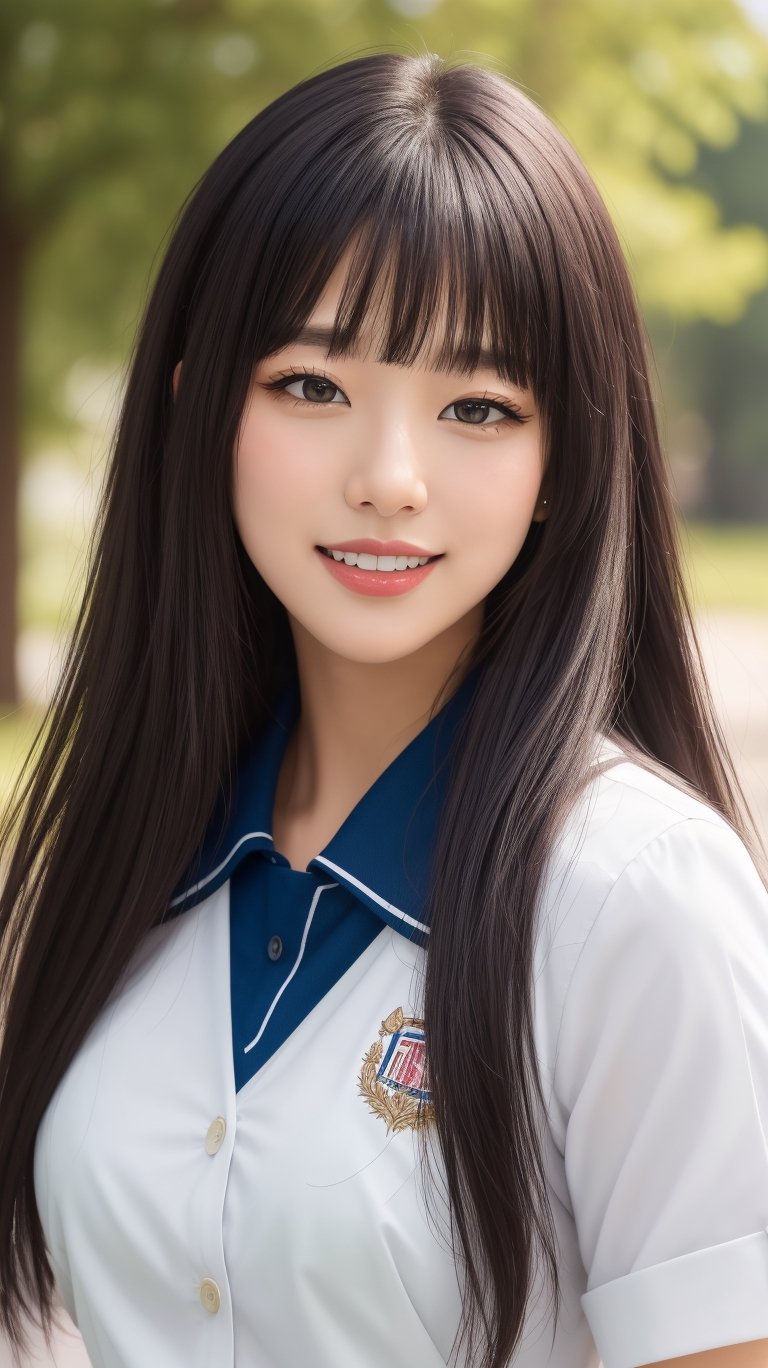 (best quality, masterpiece, ultra detailed, 8K, RAW photo), absuredres, a beautiful student model, long black hair with blunt bangs, school uniform,, parted greasy lips,kind smile,intricate, bliss, joyful, vibrant color,