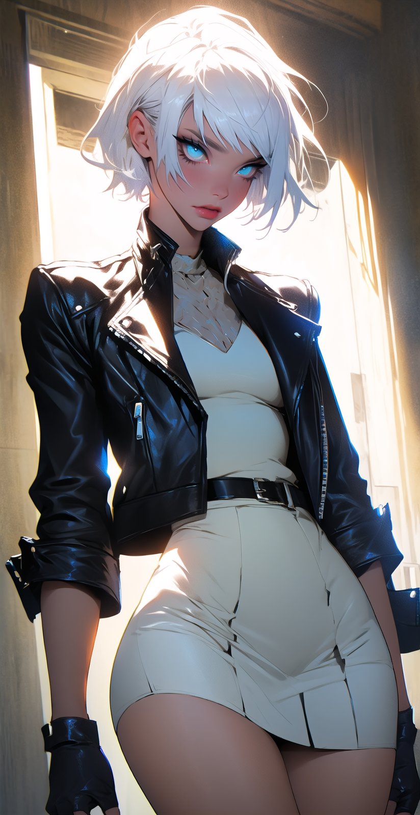 \\Beautiful woman\\, (blue eyes), ((white hair)), glowing eyes:1.4, bangs, short hair, hourglass body shape, detailed eyes, normal breasts quality, slim waist, (slim thick body), ((cowboy up, knees up)), (white leather biker jacket), white leather fingerless gloves, black blouse, white pleated mini skirt ,midjourney