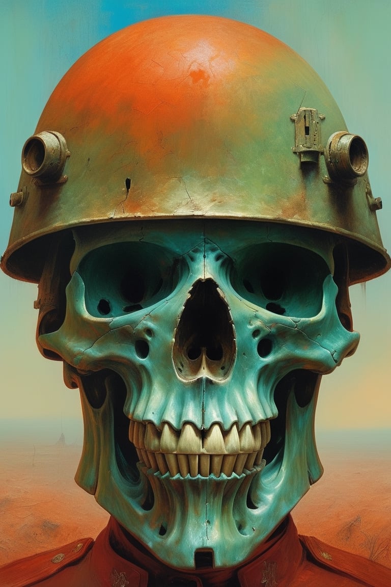 a painting in style of zdzislaw beksinski, greenish and blueish colors, the head which looks like a skull in a soldier helmet, the head directly looking into the camera, the background colors in orangish red