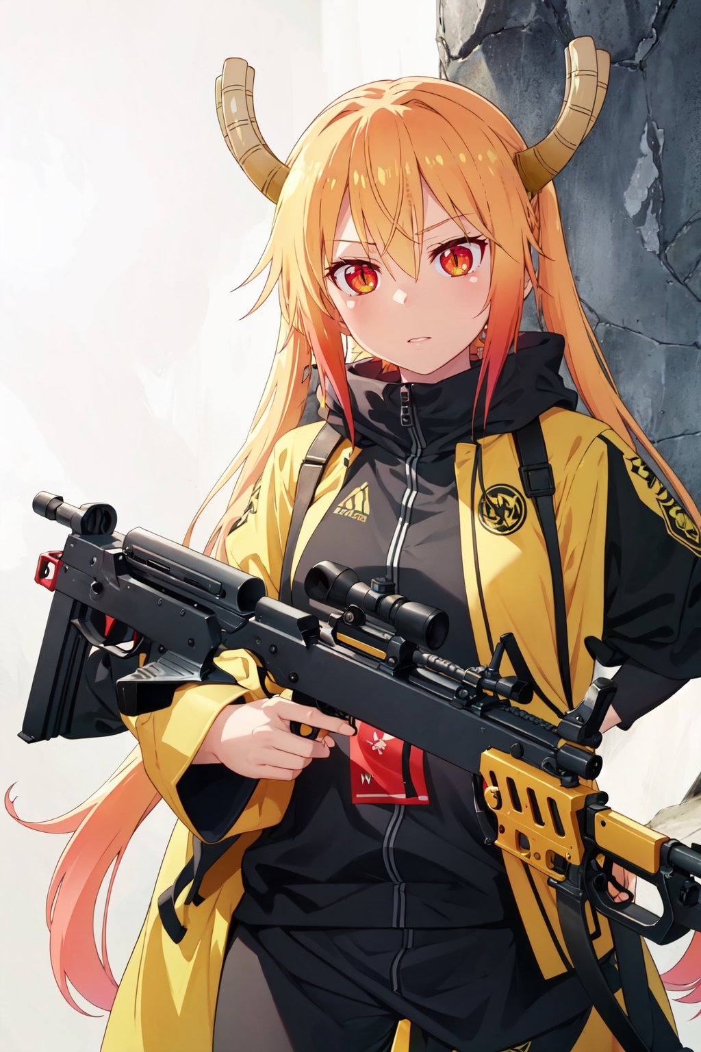 AWP | Dragon Lore (WW),tohru, holding_weapon, sniper, gun, (pointing at a camera), (pointing with gun)