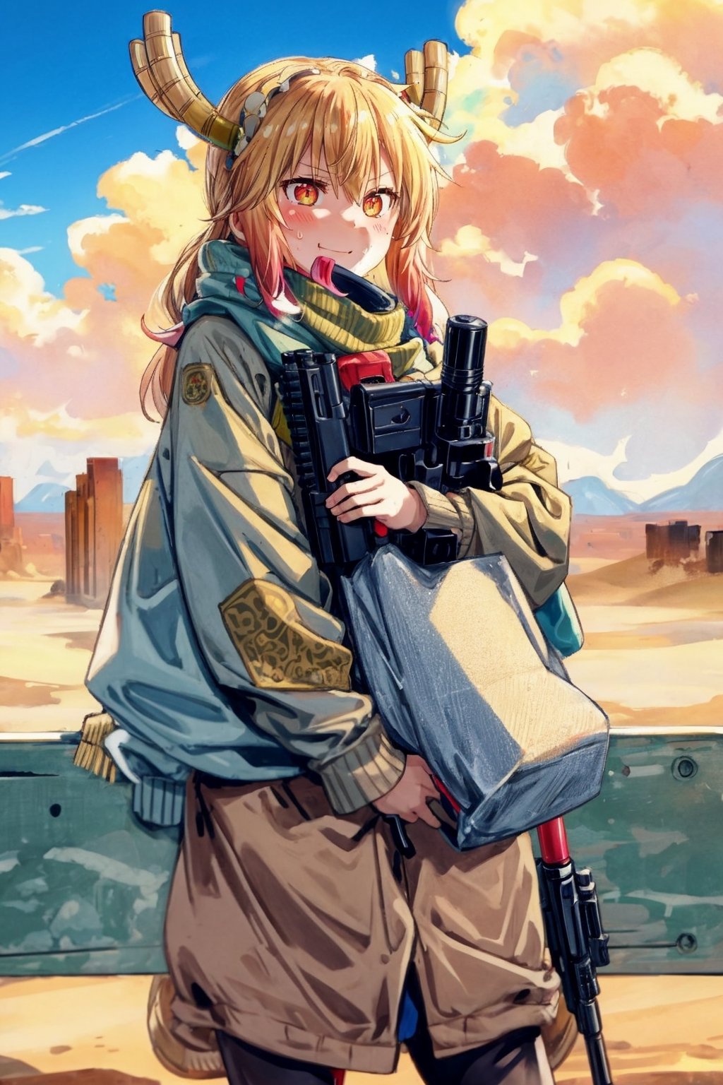 best quality, (masterpiece:1.2), highly detailed,girl holding (m1911 colt beretta glock acp k100 walther ppk luger parabellum 9x19mm handgun fn five-seven cartridge semi-automatic 45 pistol silencer handgrip stock safety trigger:1.1),(desert),sand,sand background,open mouth,,1girl,solo,standing, ,messy hair,sweat,,outdoors,desert background,,solo,stormy clouds,storm,sandstorm,guns,gun,rifle,(smirk), tohru (maidragon)