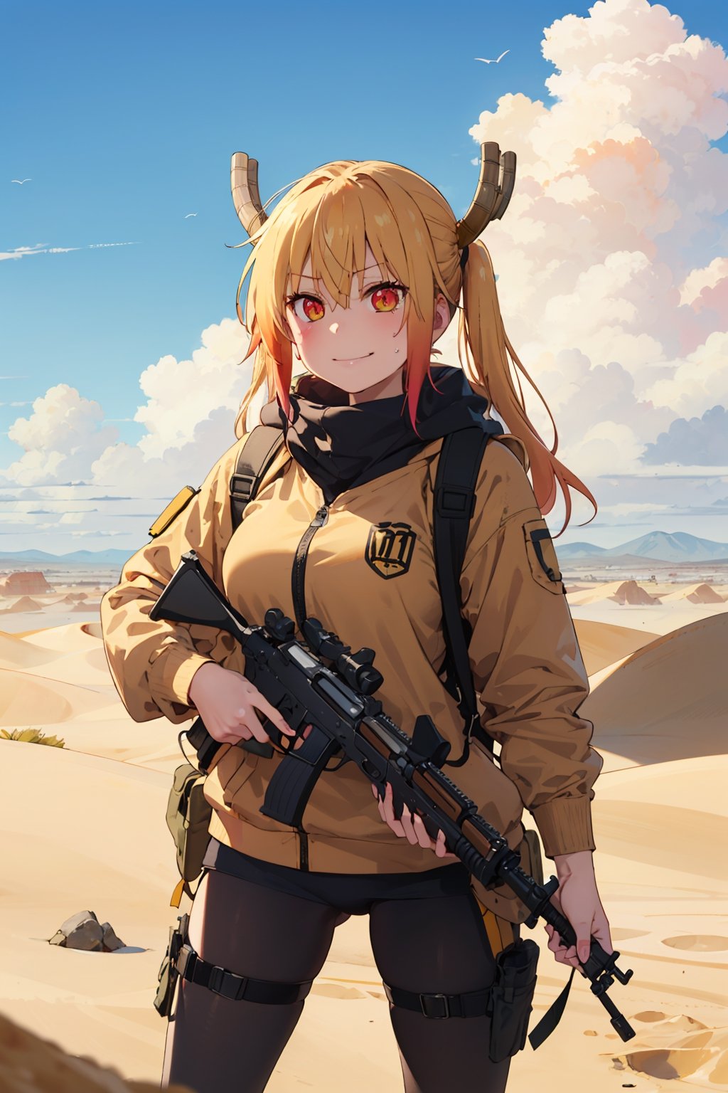 best quality, (masterpiece:1.2), highly detailed,girl holding (m1911 colt beretta glock acp k100 walther ppk luger parabellum 9x19mm handgun fn five-seven cartridge semi-automatic 45 pistol silencer handgrip stock safety trigger:1.1),(desert), sand,sand background,happy mouth,,1girl,solo,standing,yellow hair,,messy hair,sweat,,outdoors,desert background,,solo,stormy clouds,storm,sandstorm,guns,gun,rifle,(smirk),tohru