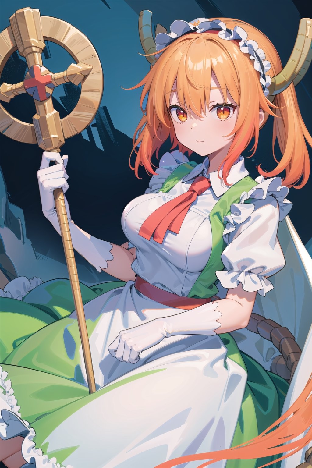 (masterpiece), fantasy, 1girl, guardian, medic, medium hair, orange hair, headband, green clothes, white dress, short skirt, white apron, frill, white breastplate, cape, white gloves, staff, (red cross), first aid kit, tohru (maidragon)